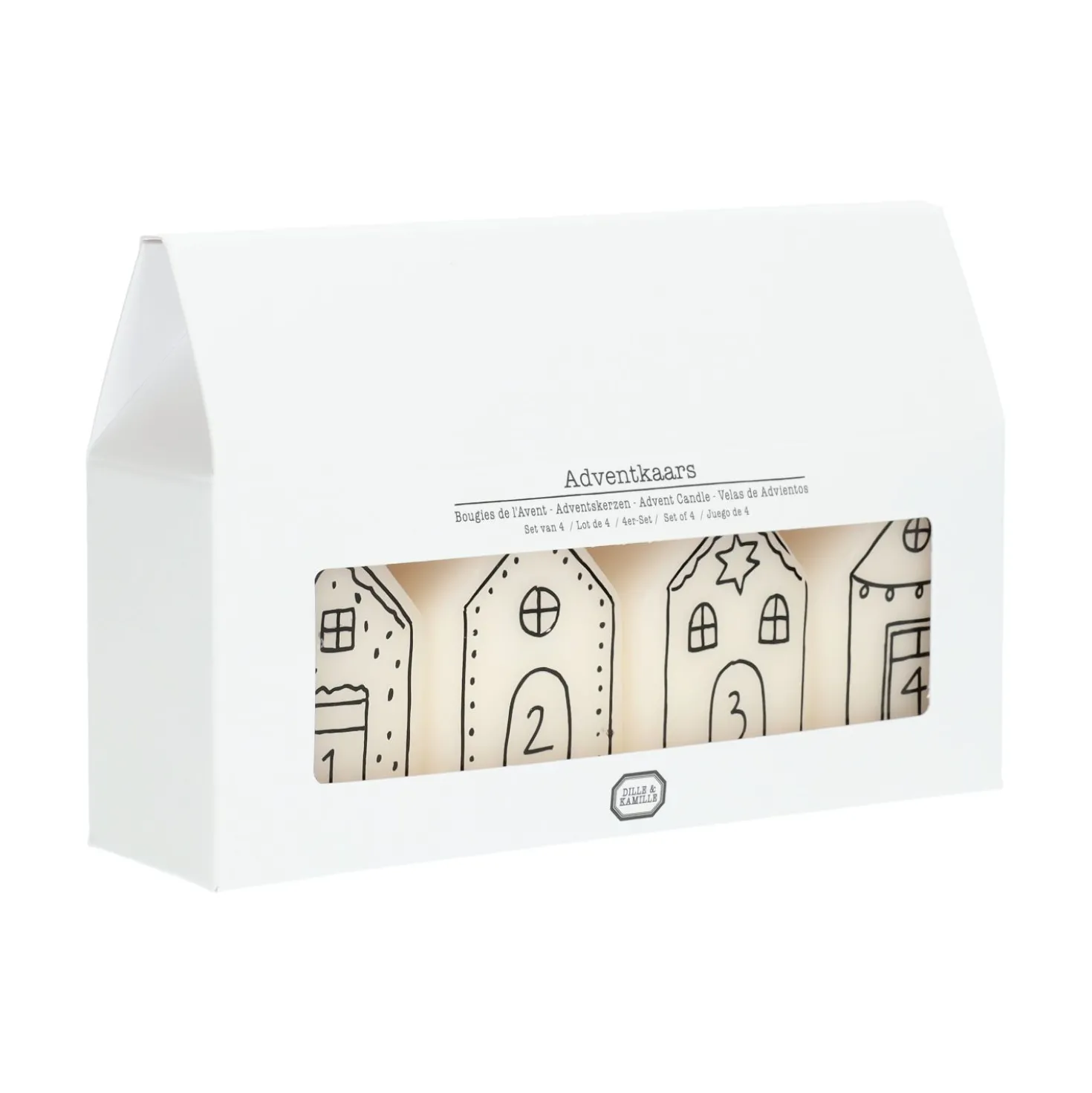Adventskaarsen, huisjes, 6 cm, 4 stuks
