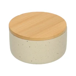 Bakje + deksel, beige spikkel, keramiek en bamboe