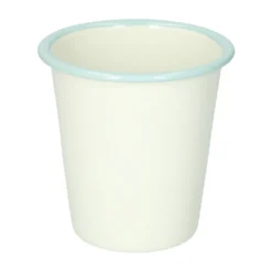 Beker, emaille, wit met blauwe rand