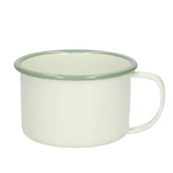 Beker met oor, emaille, groengrijs/wit, Ø 11 cm