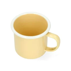 Beker met oor, emaille, lichtgeel met witte rand, Ø8 cm