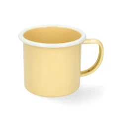 Beker met oor, emaille, lichtgeel met witte rand, Ø8 cm