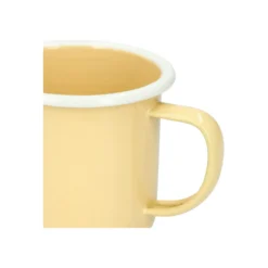 Beker met oor, emaille, lichtgeel met witte rand, Ø8 cm