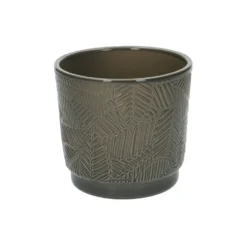 Bloempot, aardewerk, grijsgroen met palmbladmotief, Ø 14 cm