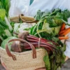 Boodschappentas, palmblad, kort lederen hengsel