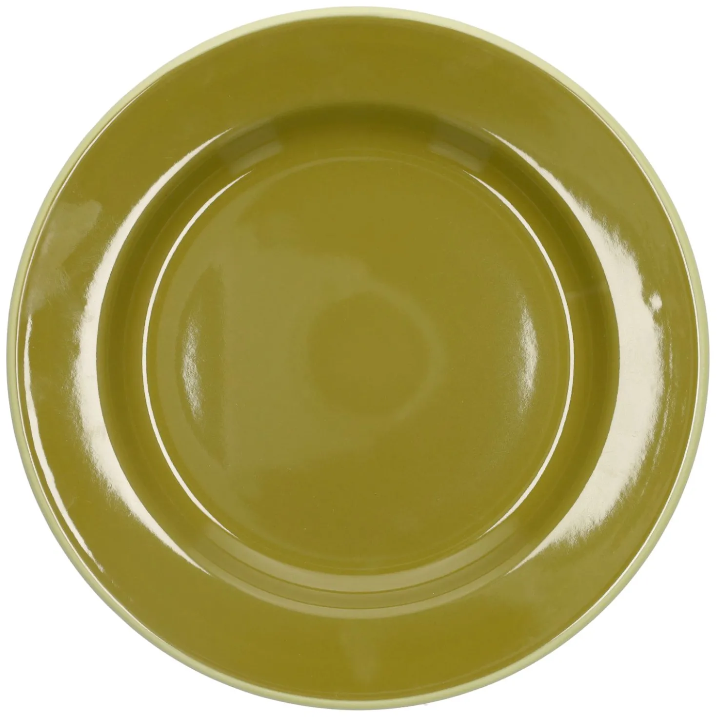 Bord, emaille, olijfgroen met lichtgroen randje, Ø26 CM