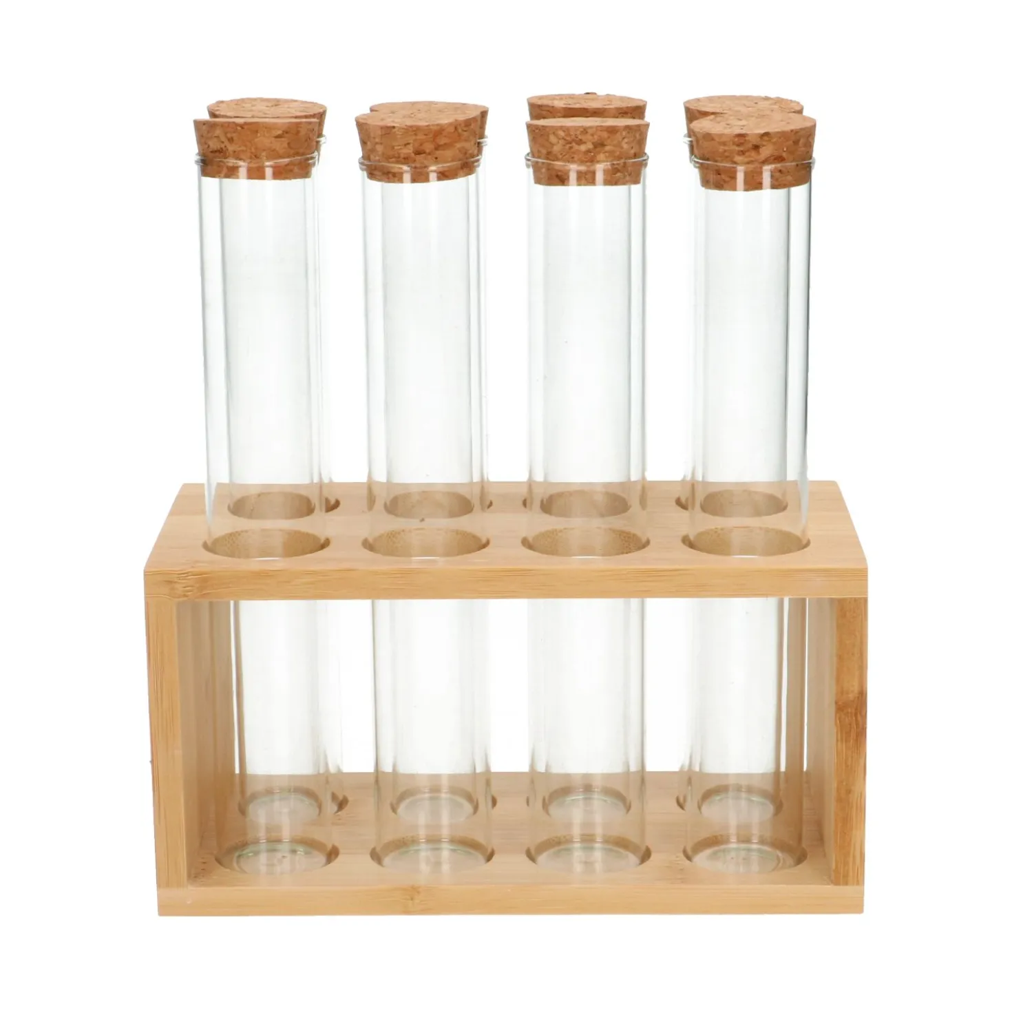 Buisjes in standaard, bamboe, glas en kurk