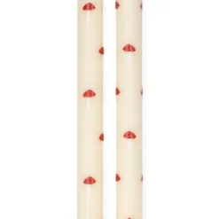 Dinerkaarsen, wit met paddenstoelen, 25 cm, 2 stuks