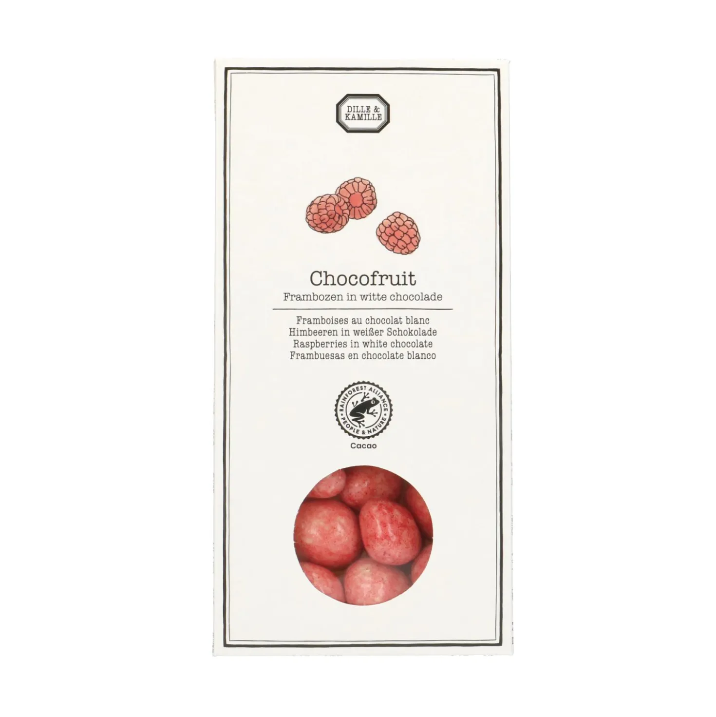 Frambozen in witte chocolade, 80 gram