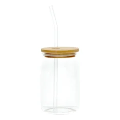 Glas met bamboe deksel en rietje, glas