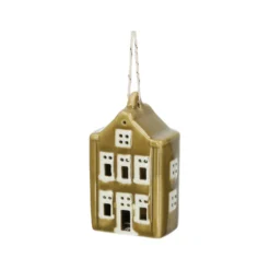 Hanger huisje, porselein, mosgroen, 7 cm