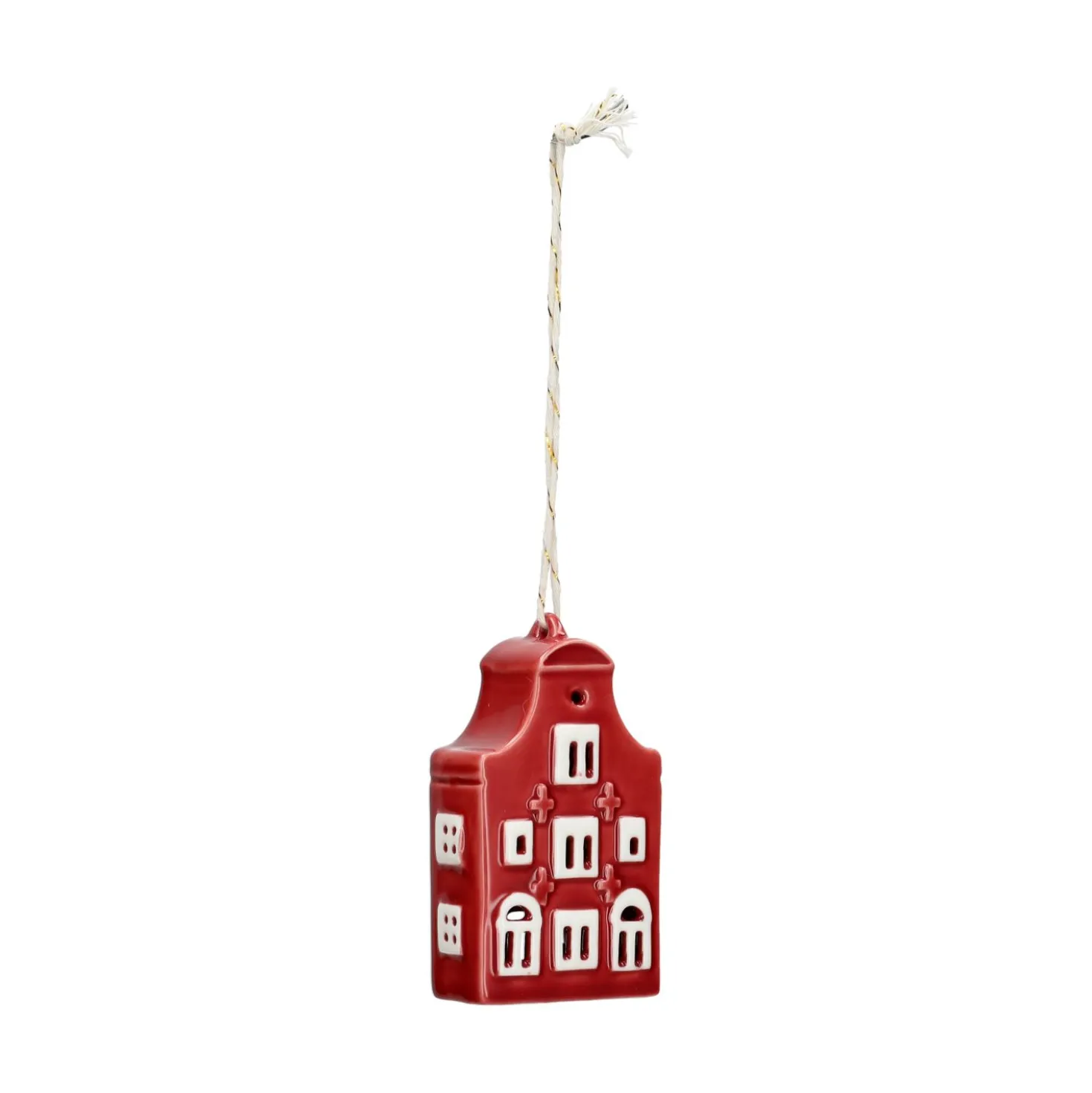 Hanger, porselein, klokgevelhuisje, rood