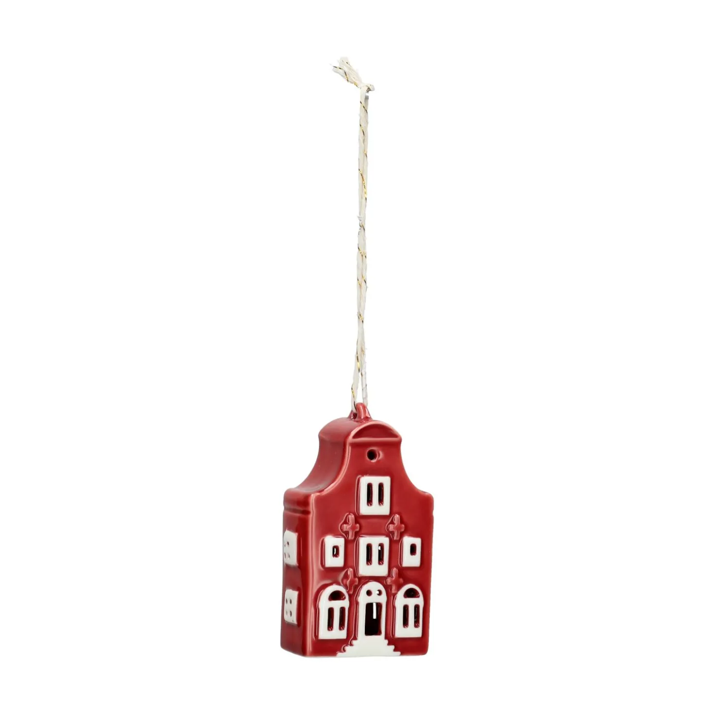 Hanger, porselein, klokgevelhuisje, rood