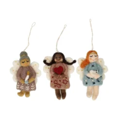 Hangers, vilt, engelen met duif, hart en kaars, set van 3