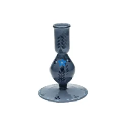 Kandelaar, beschilderd, blauw glas, bloem, 12,5 cm