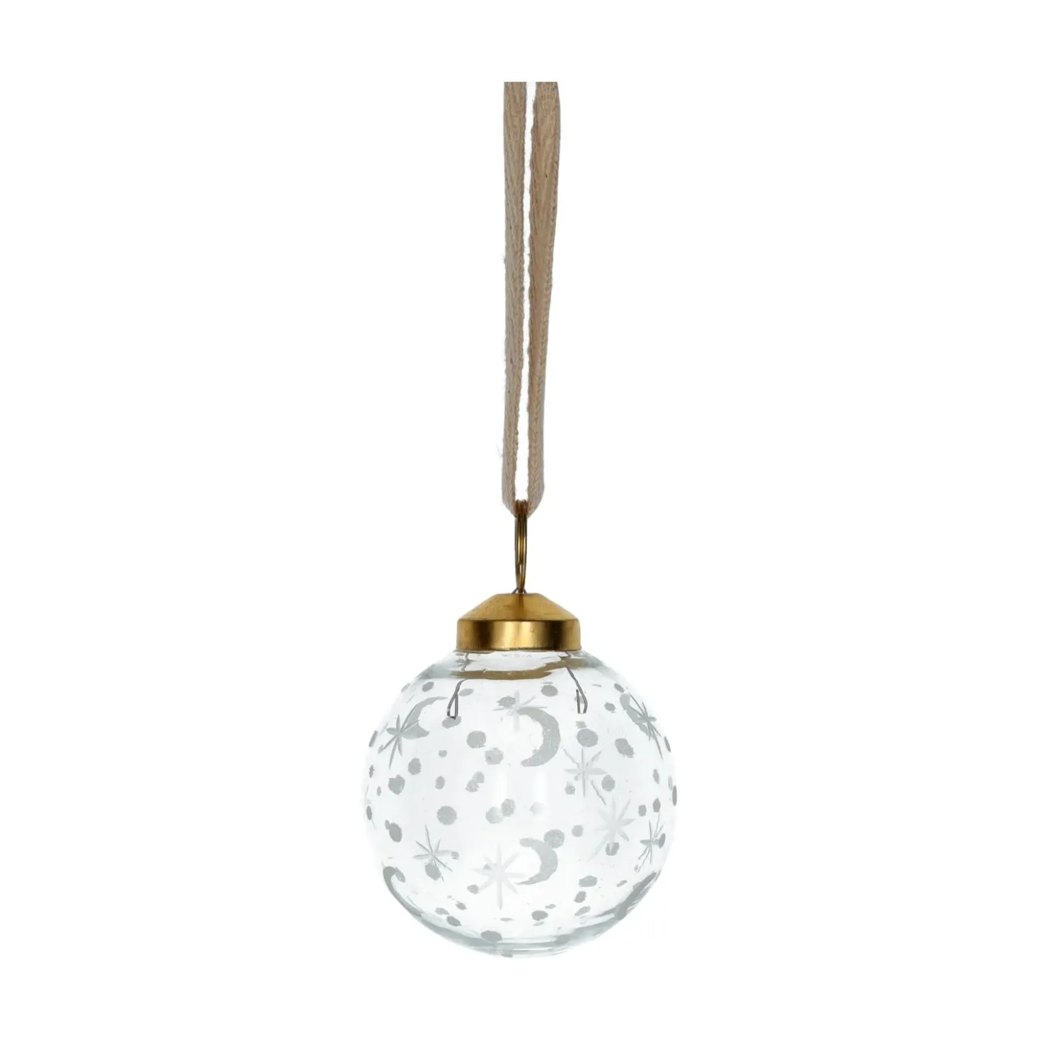 Kerstbal, glas, geëtste maan, sterren en stippen, Ø6,5 cm