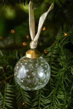 Kerstbal, glas, geëtste maan, sterren en stippen, Ø6,5 cm