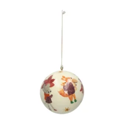 Kerstbal, katoenmaché, bosdieren, wit, Ø7 cm