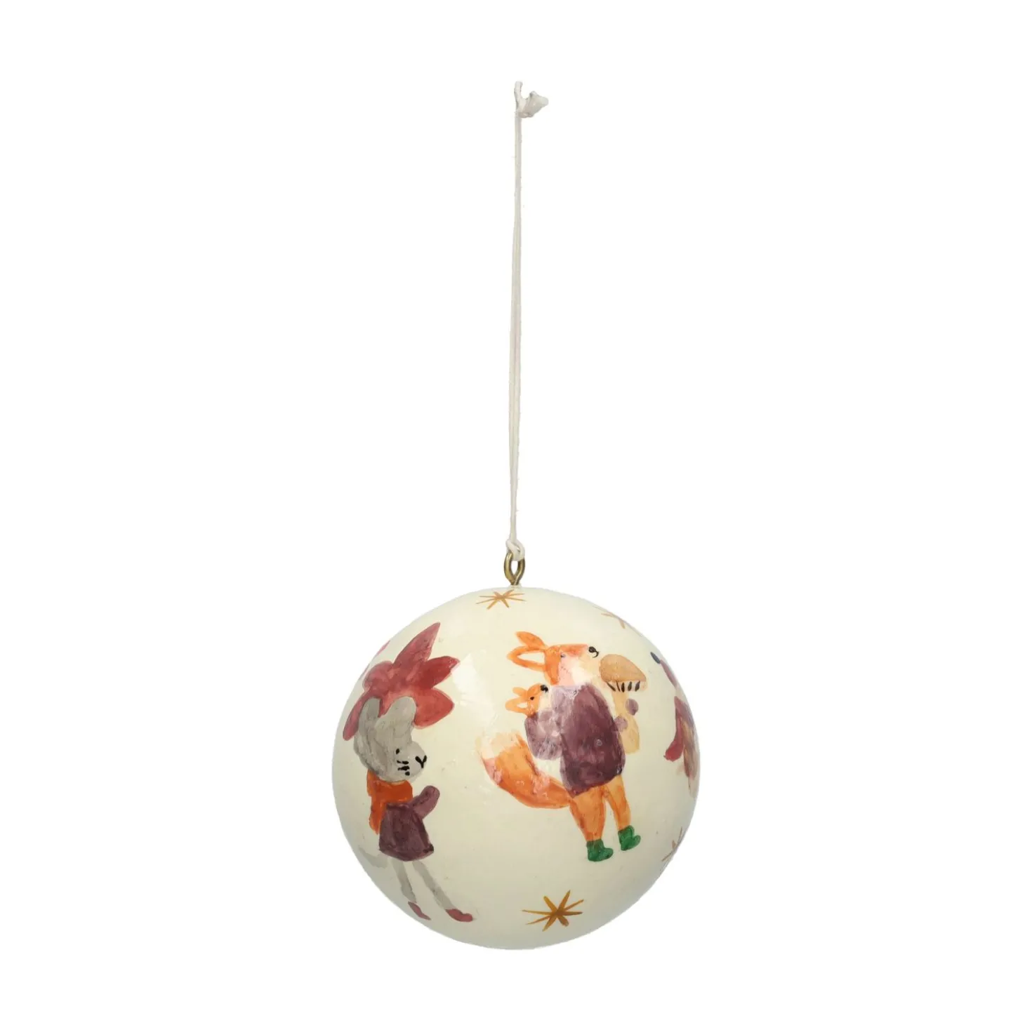 Kerstbal, katoenmaché, bosdieren, wit, Ø7 cm