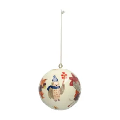 Kerstbal, katoenmaché, bosdieren, wit, Ø7 cm