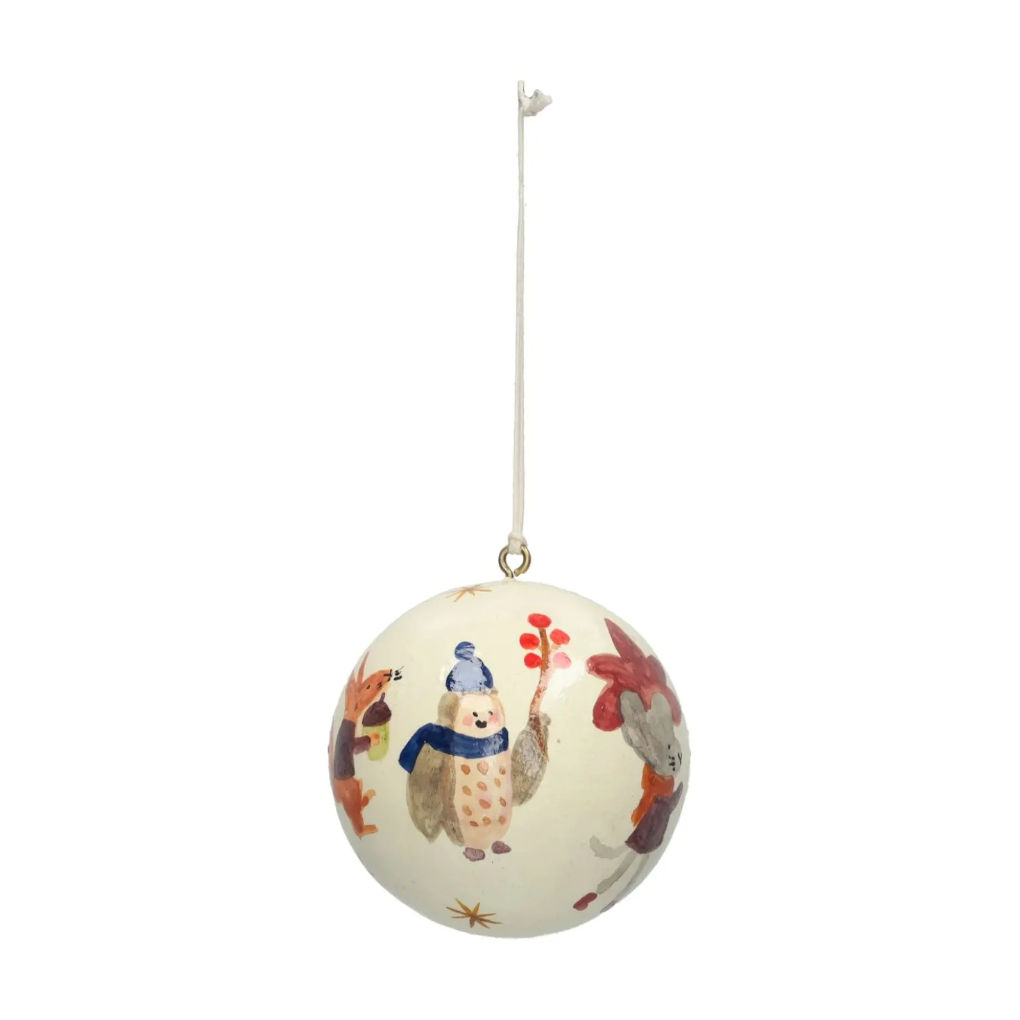 Kerstbal, katoenmaché, bosdieren, wit, Ø7 cm