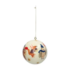 Kerstbal, katoenmaché, bosdieren, wit, Ø7 cm