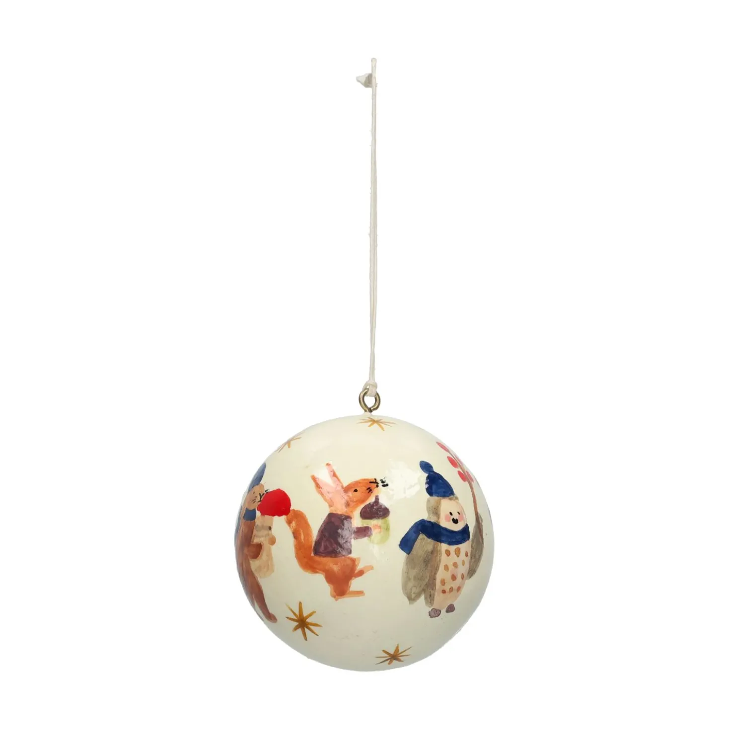 Kerstbal, katoenmaché, bosdieren, wit, Ø7 cm