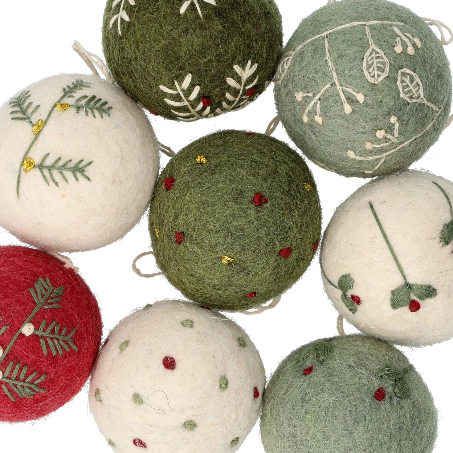 Kerstballen met takjes, vilt, set van 8, Ø5 cm