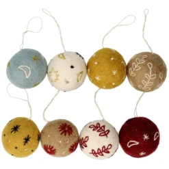 Kerstballen, vilt, met bloem, ster en maan, set van 8, Ø5 cm
