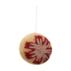 Kerstbal met rode bloem, vilt, zandkleur, Ø6 cm