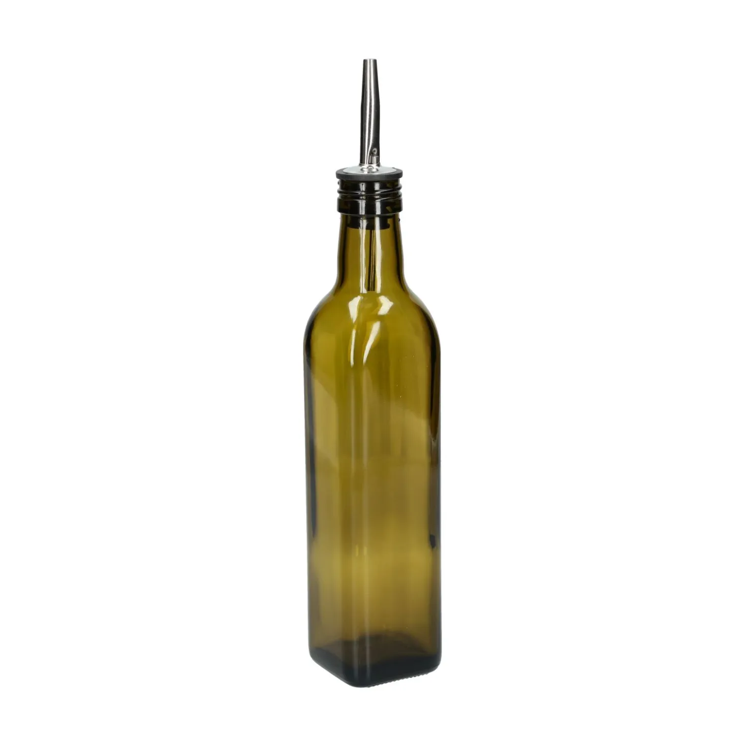 Olie/azijnfles, olijfgroen glas, vierkant, 375 ml