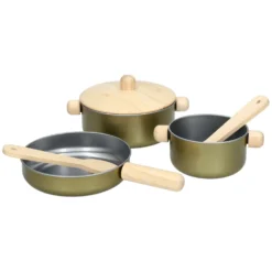 Pannenset, metaal en rubberhout, 2+