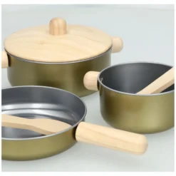Pannenset, metaal en rubberhout, 2+