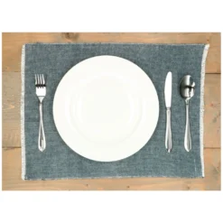 Placemat franjes, GOTS bio-katoen, blauw, 35 x 50 cm