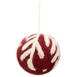 Rode kerstbal met witte tak, vilt, Ø6 cm