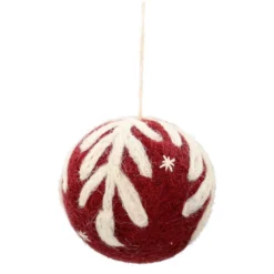 Rode kerstbal met witte tak, vilt, Ø6 cm