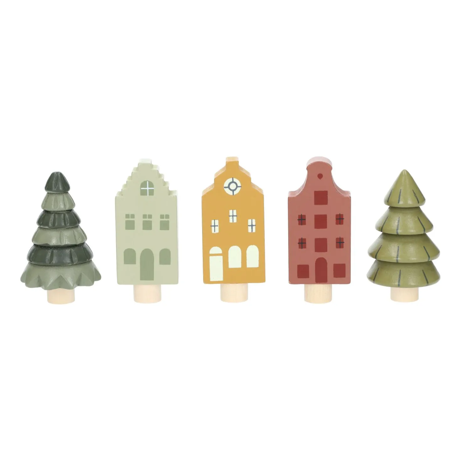 Stekers voor jaarring, hout, huisjes, set van 5