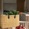 Tas, pitrusgras, bruin lederen hengsel, groot