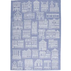 Theedoek, katoen, blauw/wit met gevelmotief