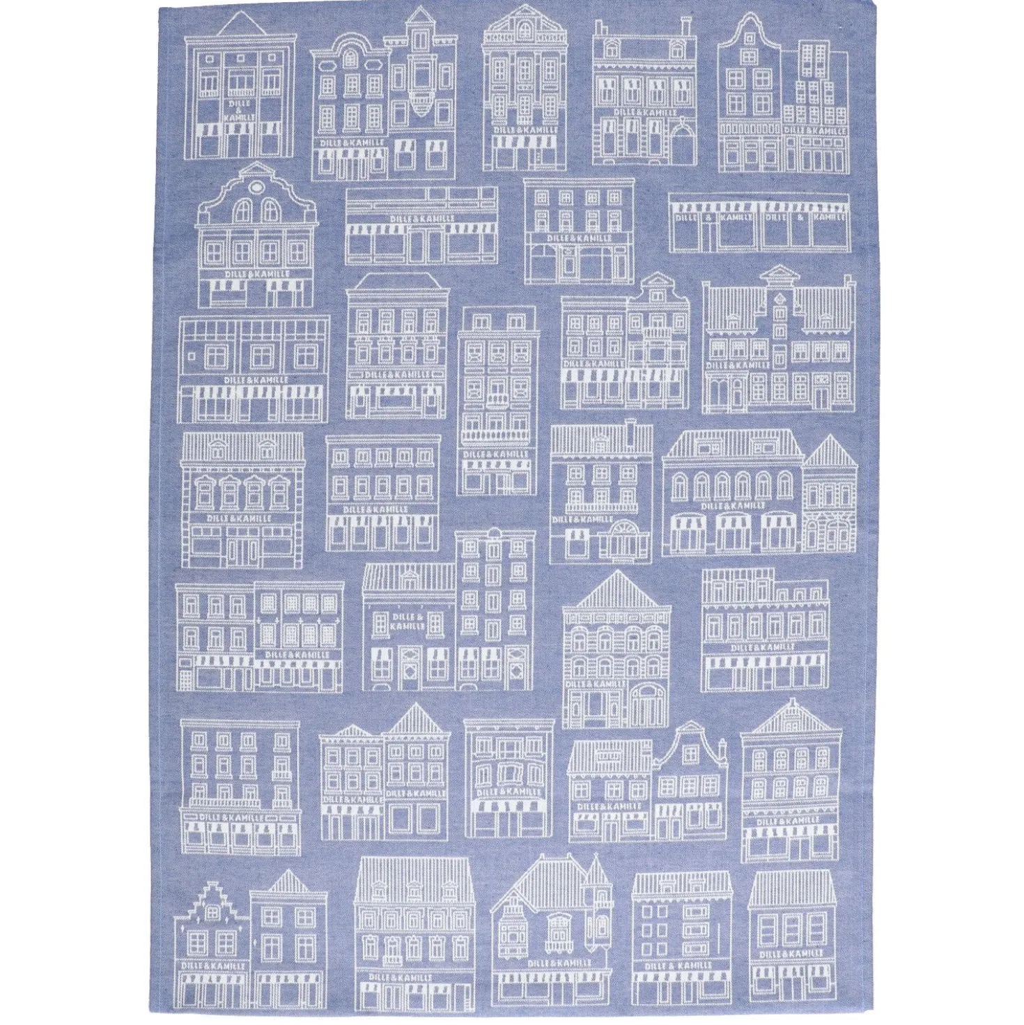 Theedoek, katoen, blauw/wit met gevelmotief