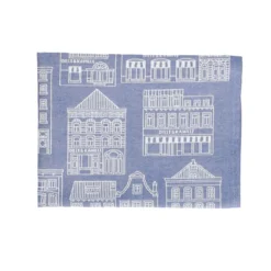 Theedoek, katoen, blauw/wit met gevelmotief
