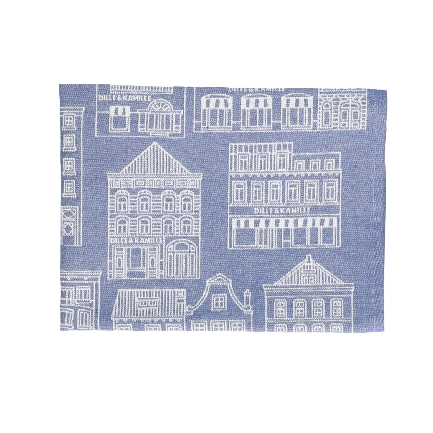 Theedoek, katoen, blauw/wit met gevelmotief