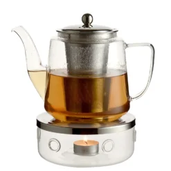 Theelichthouder voor theepot, hittebestendig glas en rvs