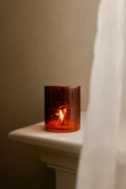 Waxinelichthouder, glas, takje roodbruin, Ø7,5 x 6 cm