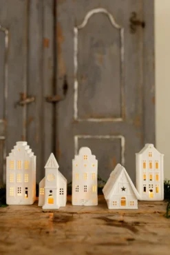 Waxinelichthouder, porselein, barn huisje, 13 cm